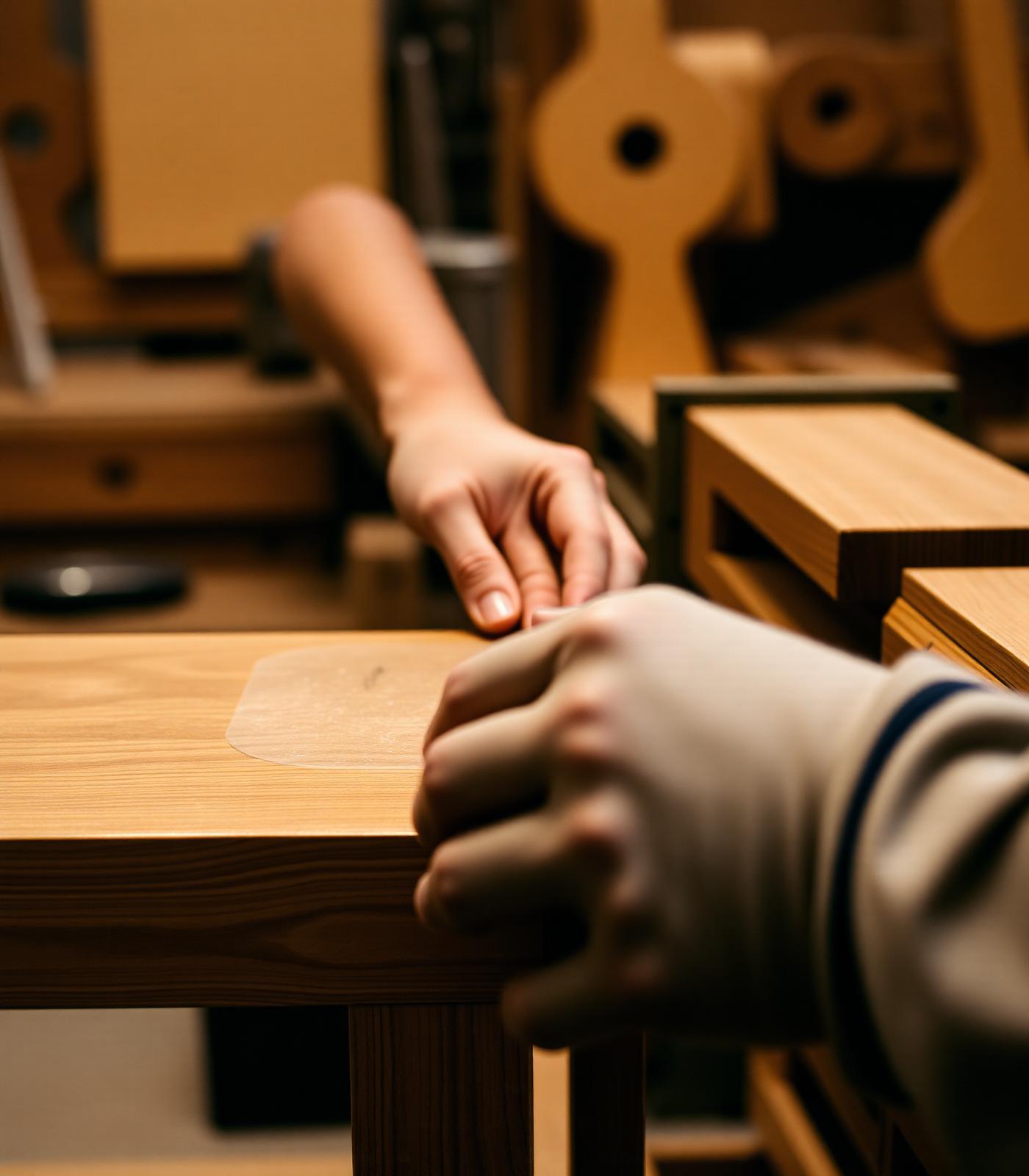 Craftsman hands finishing a walnut furniture piece
